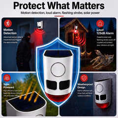 ChunHee Solar Motion Sensor Alarm Outdoor 4 Working Mode Dog Barking Motion Activated Alarm 129dB Loud Sound Noise Maker IP65 Waterproof Motion Detector with Strobe Light for Yard Farm Garden 6Pack