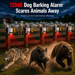 ChunHee Solar Motion Sensor Alarm Outdoor 4 Working Mode Dog Barking Motion Activated Alarm 129dB Loud Sound Noise Maker IP65 Waterproof Motion Detector with Strobe Light for Yard Farm Garden 6Pack