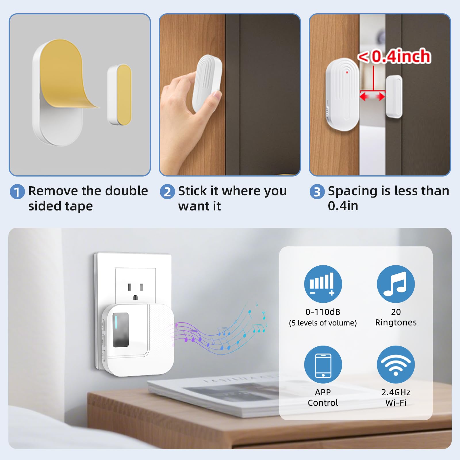 Chunhee WiFi Door & Window Alarm Chime System – App Notifications 2.4GHz Router Connection