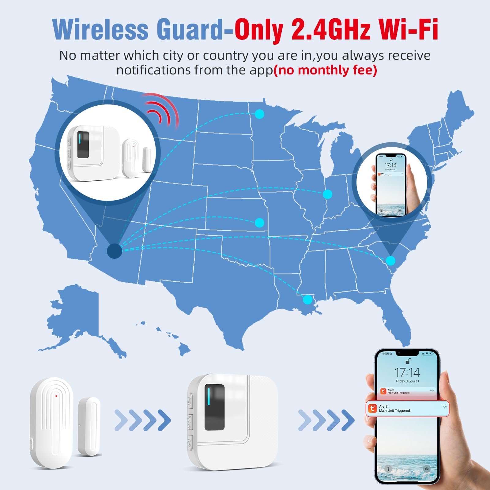 Chunhee WiFi Door & Window Alarm Chime System – App Notifications 2.4GHz Router Connection