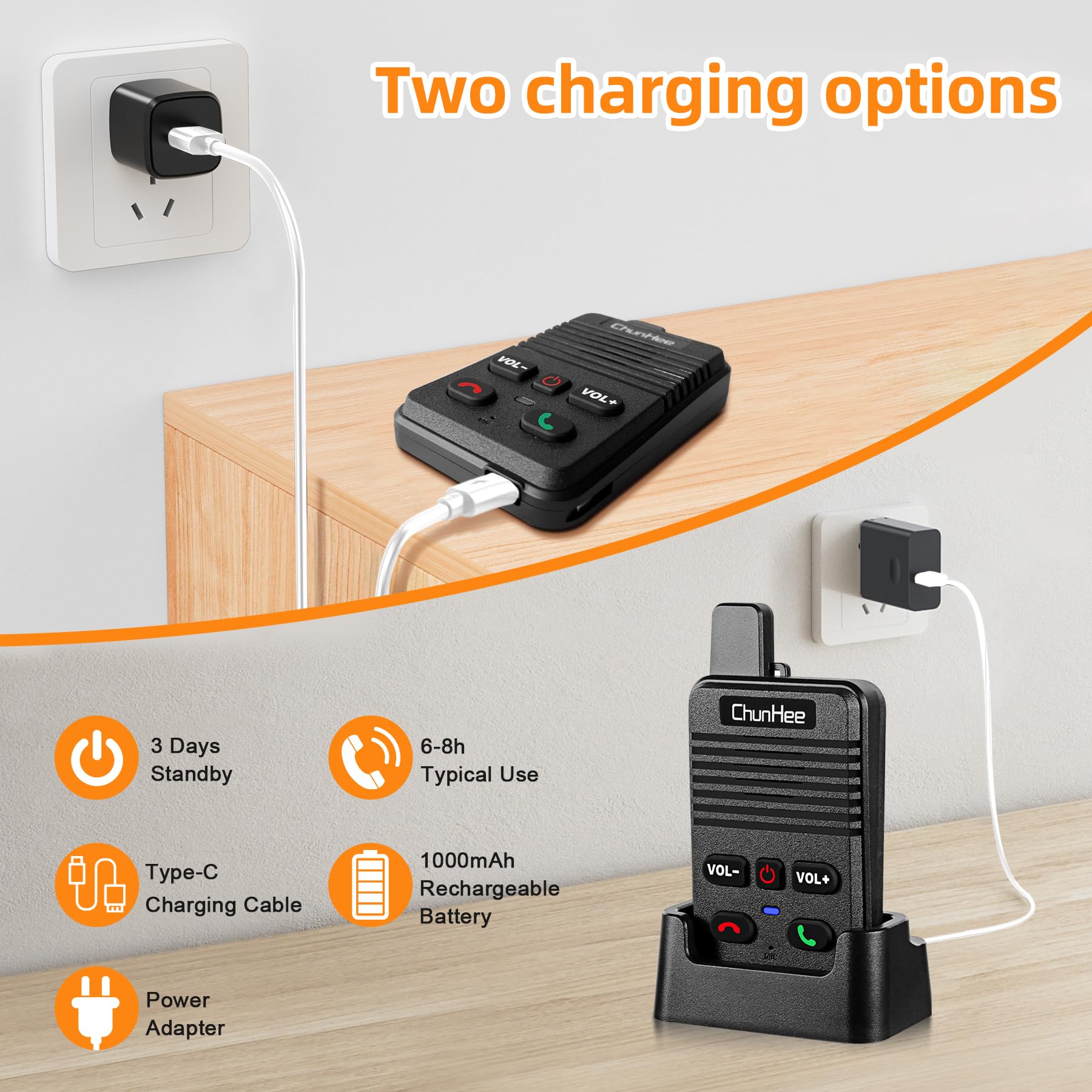 Chunhee Wireless Hands-Free Intercom System for Home – Two-Way Communication, Rechargeable, Wall Mount, Custom Ringtones, Low Battery Alert